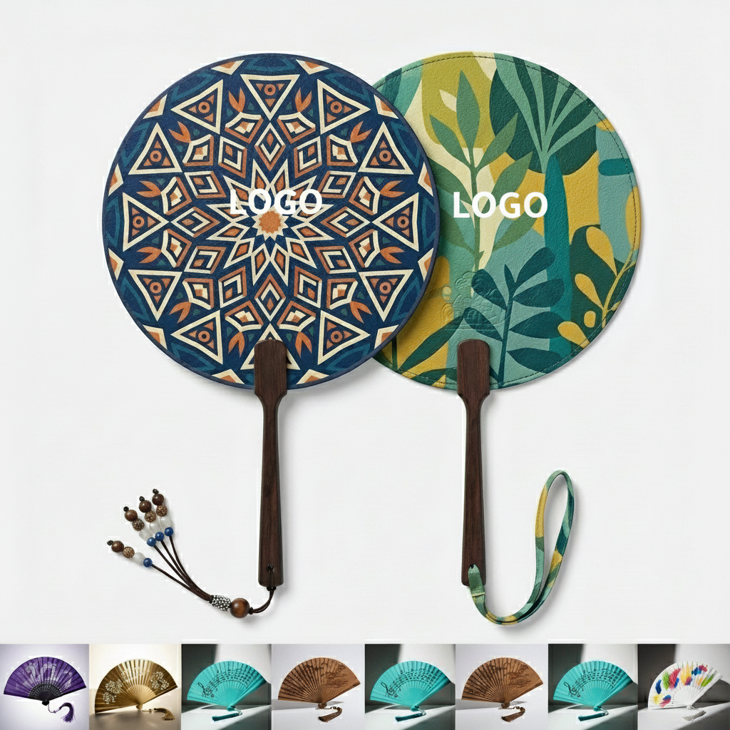Round Paper Hand Fan with Wooden Handle & Vibrant Print Area